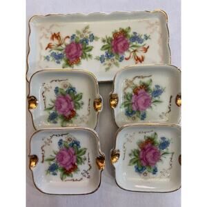 Vintage Porcelain Rose Set of Small Ashtrays with Under Tray